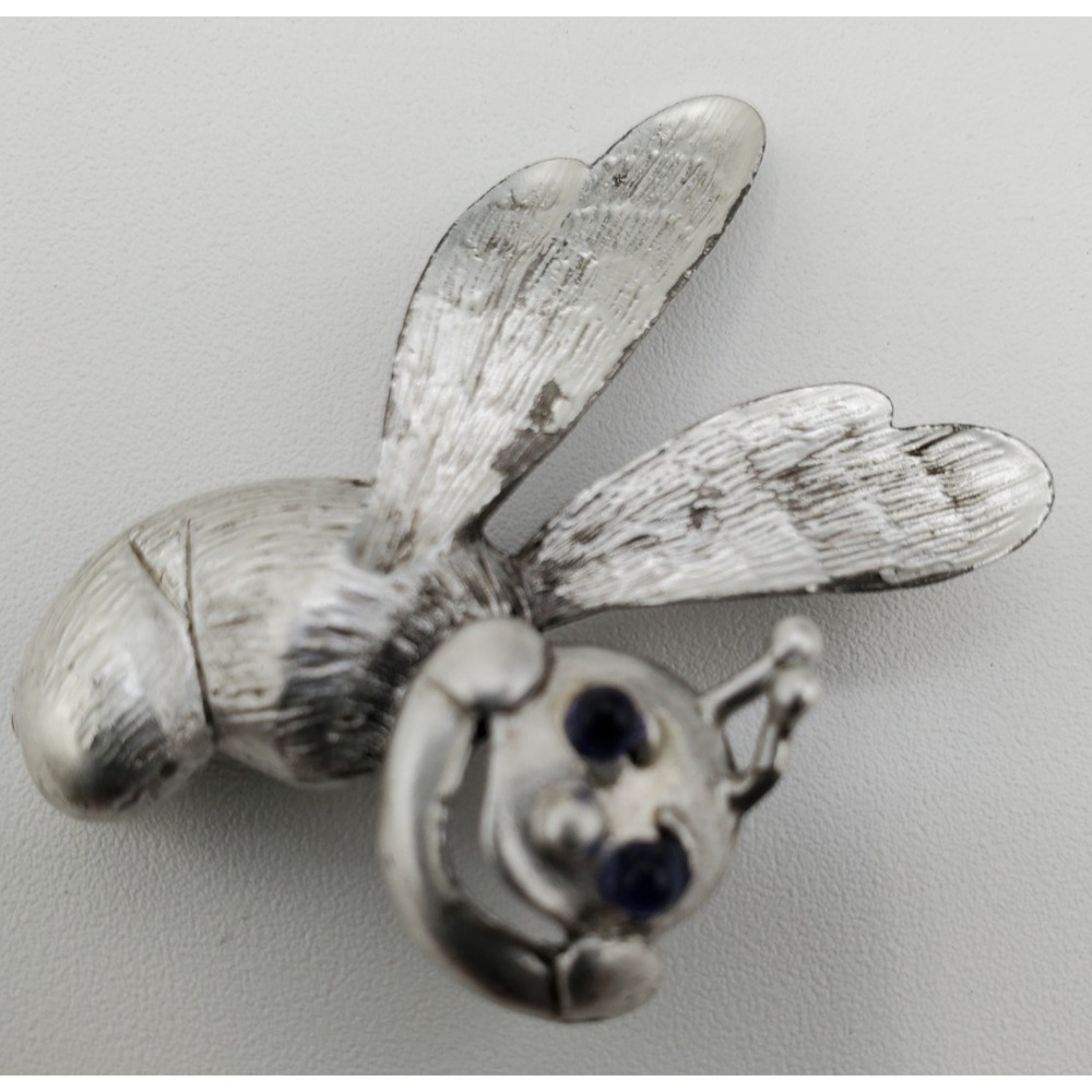 Vtg‎ J.J. Silver Tone Cartoon Blue Glass Eyes Bumble Bee Brooch Pin